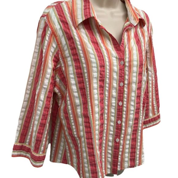 Talbots Women's Pink White Striped Gingham Button Front Shirt Blouse Size LP - Picture 3 of 6